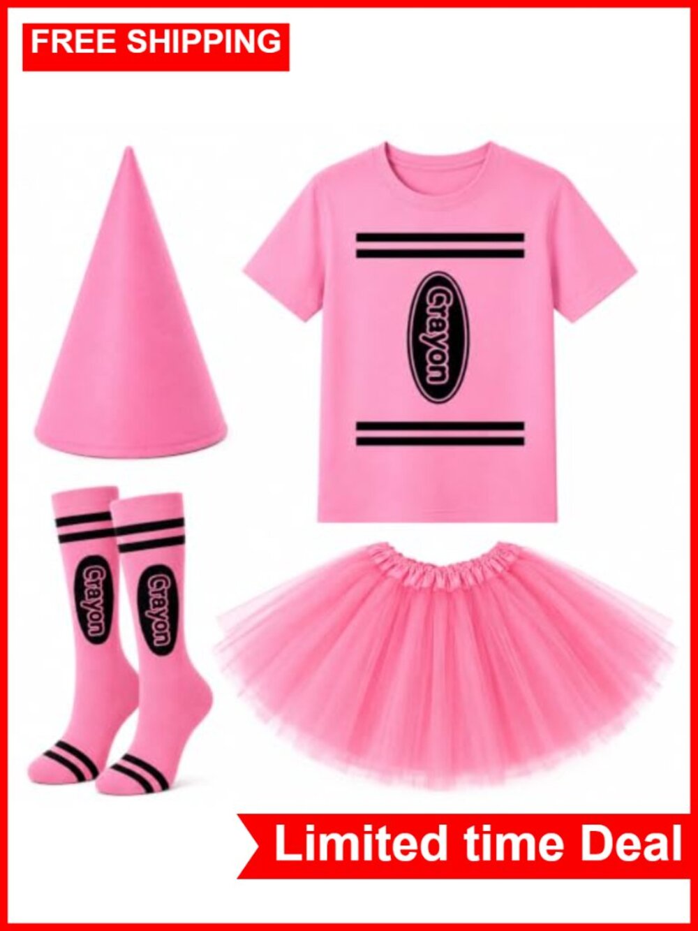 4 Pc Halloween Crayon Costume Set Tutu Skirt Socks Cone Hat